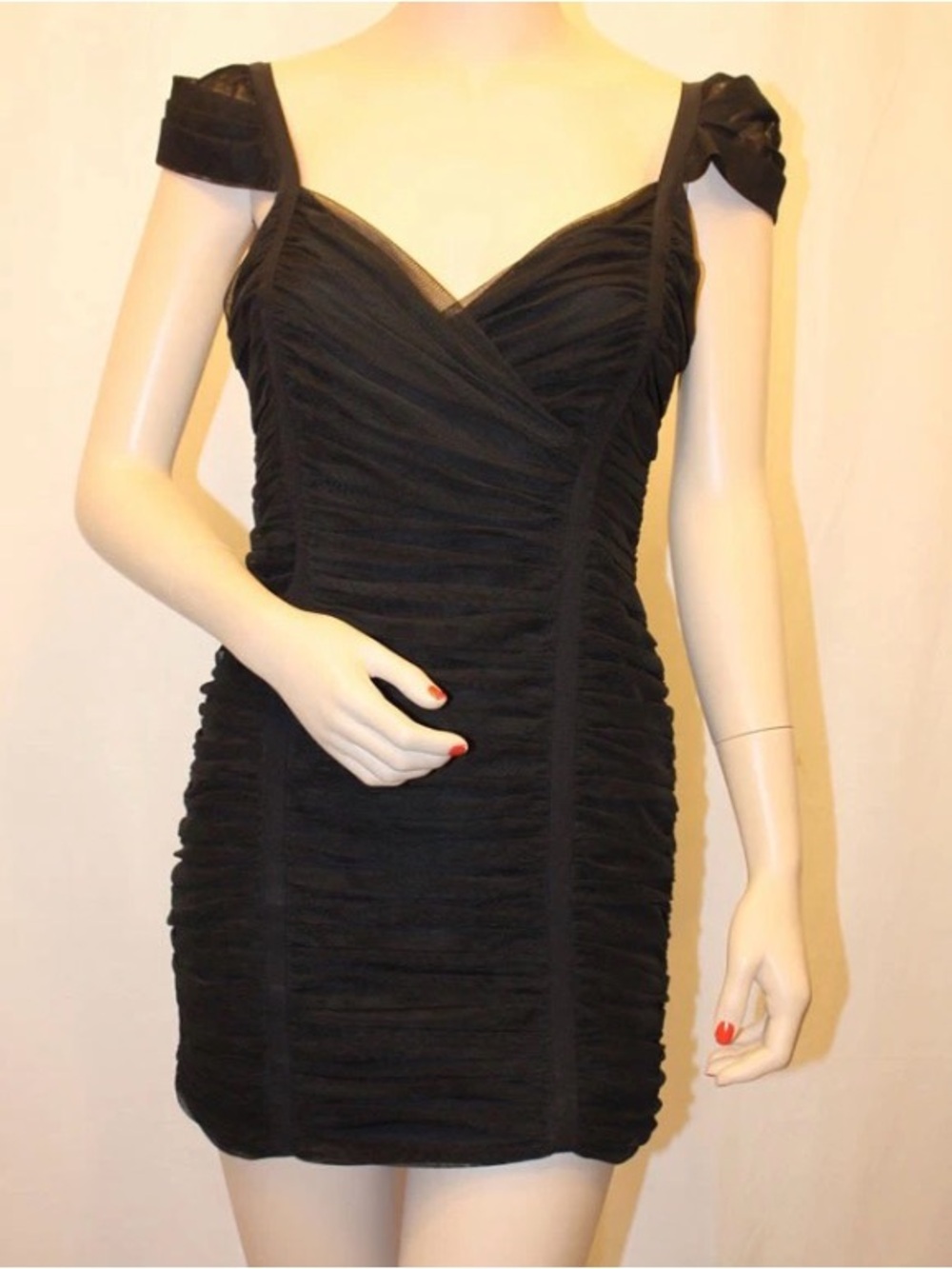 BCBGMAXAZRIA Black Shirred Tulle Ruched Bodycon Cocktail Dress M